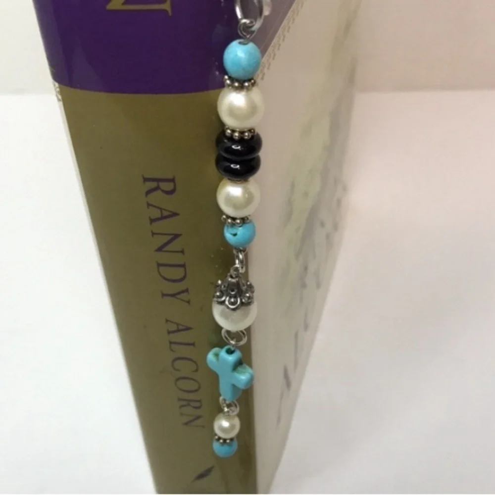 ECCENTRIC HANDCRAFTED Turquoise Blue Gemstone Beaded Bookmark w/Turquoise Cross